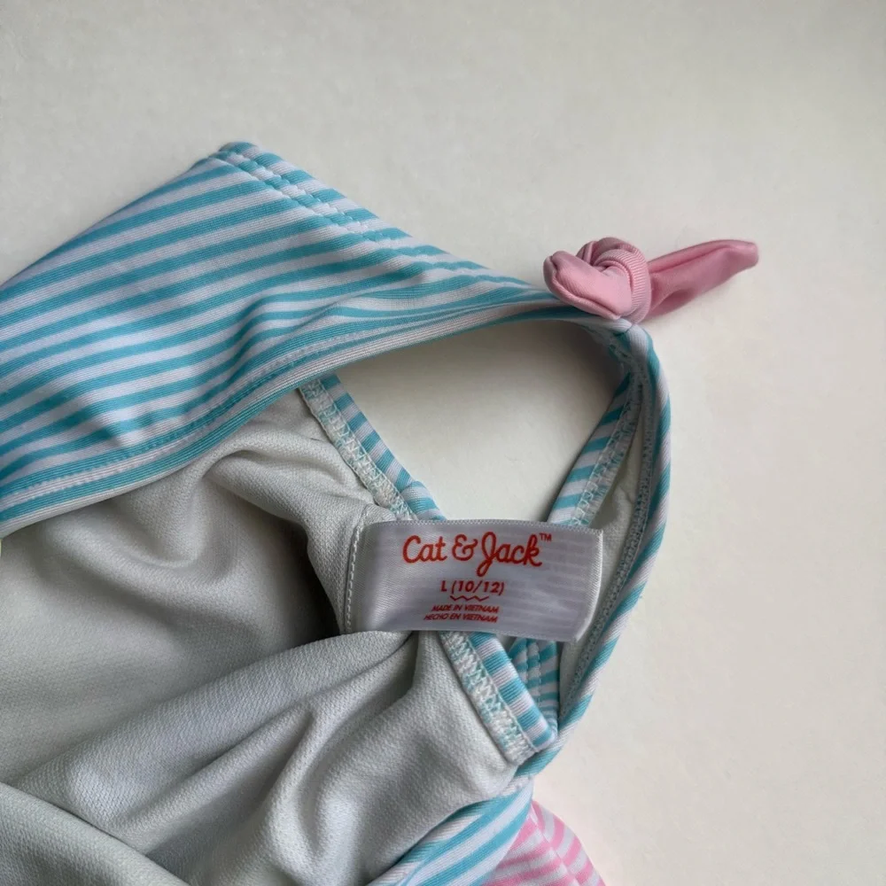 Cat & Jack Girls Striped One-Piece Swimsuit - Size Large (10/12) (Used)
